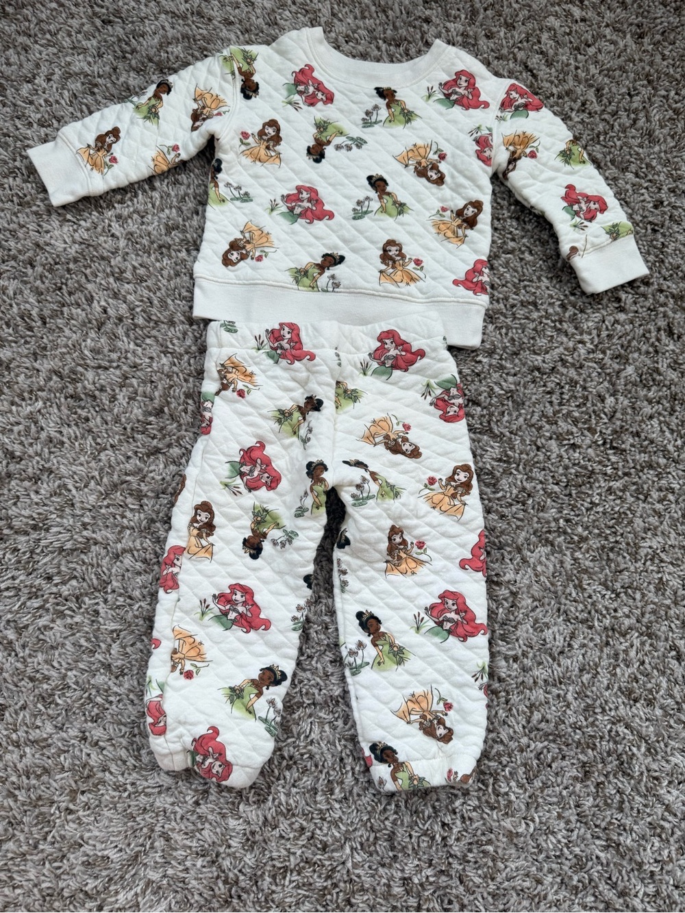 Disney White Quilted Princess Character Pajama Set with Multicolor Prints